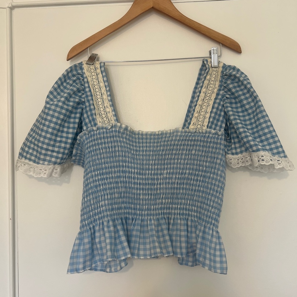 Vintage hand made Smocked Blue Gingham Peasant Top with Lace Trim